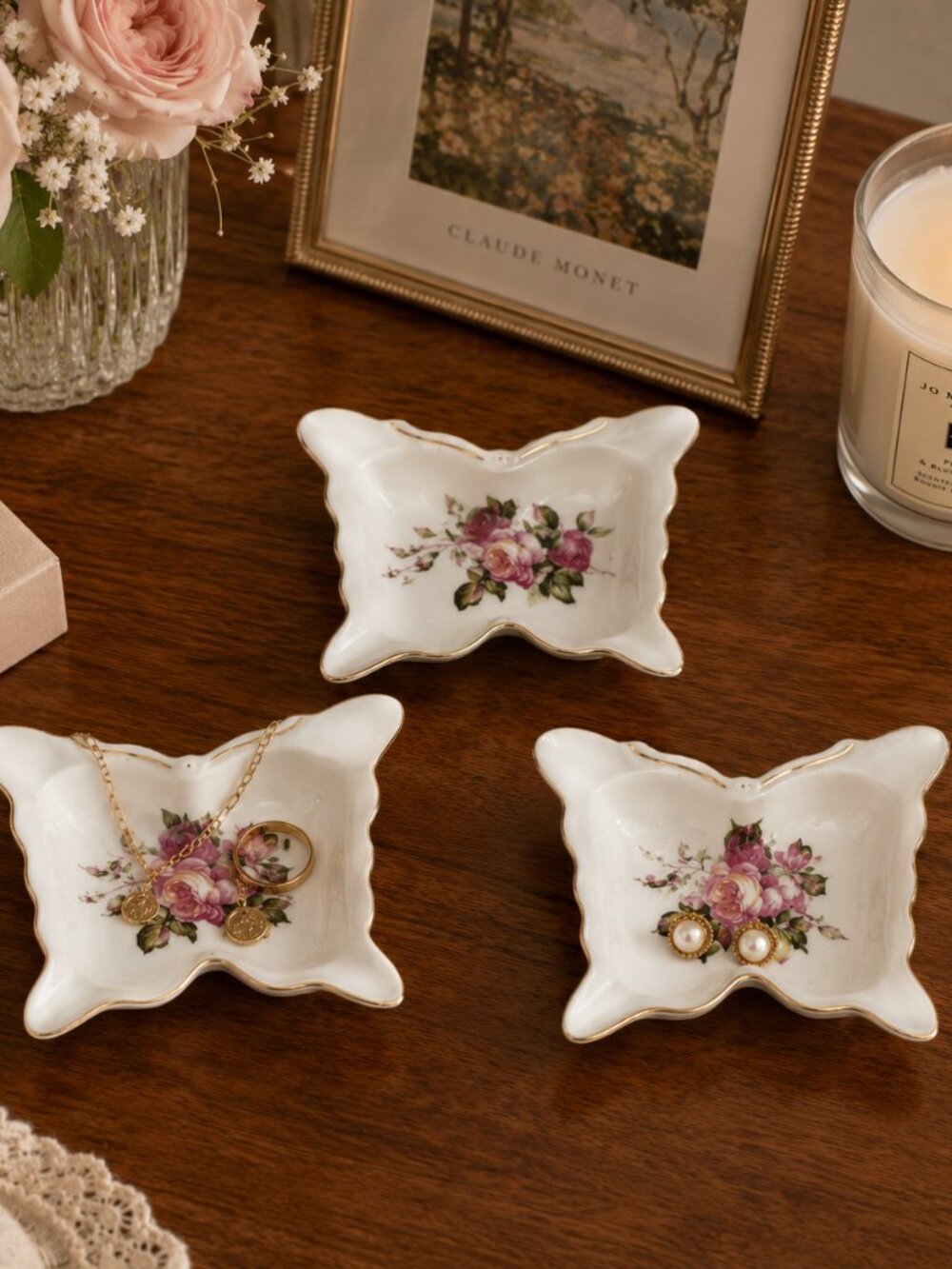 Vintage Butterfly Nesting Trinket Dishes Set 3 Pink Rose Gold Trim Cottagecore